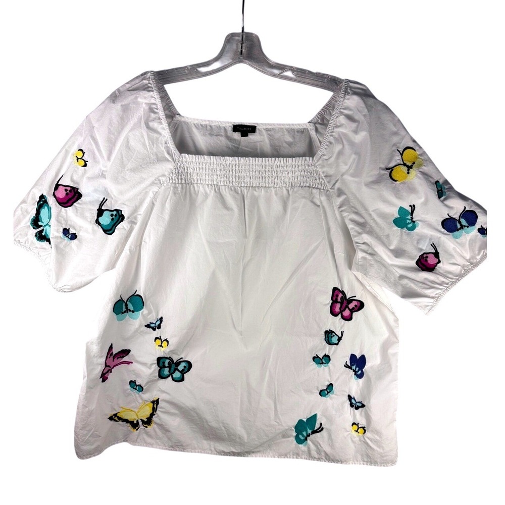 Talbots Womens XL White Butterfly Embroidered Square Nck Smocked Puff Sleeve Top